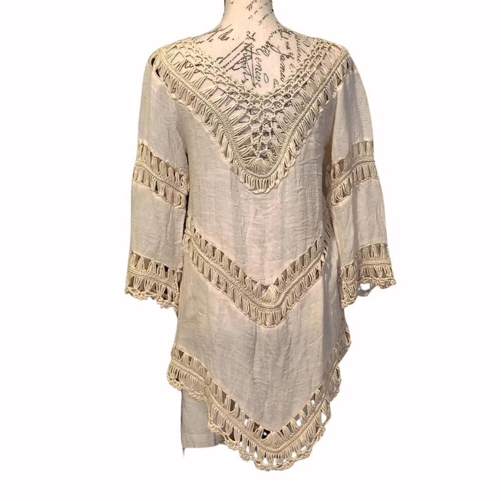 Boho Crochet Womens Tunic Top Swim Suit Cover Medium Asymmetrical 70s Coastal - Picture 2 of 6